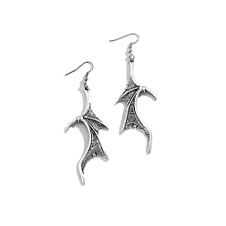 Antique Silver Alloy Dragon Wing Dangle Earrings, Gothic Jewelry for Men Women, Antique Silver, 90x30mm