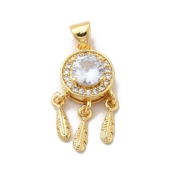 Real 18K Gold Plated Rack Plating  Brass Micro Pave Cubic Zirconia Pendant, Long-Lasting Plated, Cadmium Free & Lead Free,  Woven Net/Web with Feather, Round, Real 18K Gold Plated, 21x10x5.5mm, Hole: 4.5x3mm