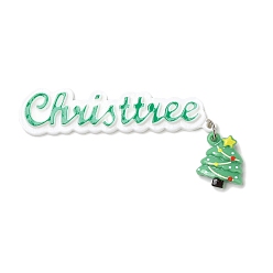 Vert Mer Moyen Cabochons en résine opaque sur le thème de Noël, avec boucles en fer couleur platine, arbre de Noël, vert de mer moyen, 84x38x5.5mm