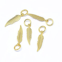 Real 18K Gold Plated Brass Pendants, Leaf, Real 18K Gold Plated, 15x3.5x0.3mm, Hole: 3.5mm