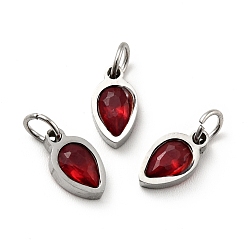 Rojo Oscuro 304 colgantes de acero inoxidable, con circonita cúbica y anillos de salto, encantos de una sola piedra, lágrima, color acero inoxidable, de color rojo oscuro, 9.5x5x2.5 mm, agujero: 3.5 mm