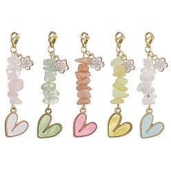 Mixed Stone Heart Acrylic & Natural Gemstone Chips Beaded Pendant Decoration, with Alloy Enamel Flower Charms and 304 Stainless Steel Lobster Claw Clasps, 64mm