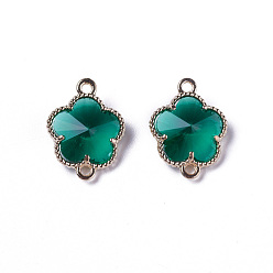 Teal Glass Links connectors, with Eco-Friendly Alloy Open Back Berzel Findings, Flower, Light Gold, Teal, 15.5x12x5mm, Hole: 1.4mm