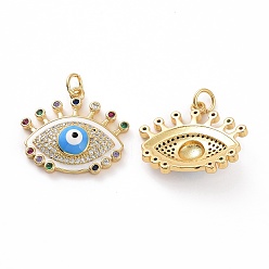 Deep Sky Blue Brass Micro Pave Colorful Cubic Zirconia Pendants, with Enamel and Jump Ring, Real 18K Gold Plated, Eye Charms, Deep Sky Blue, 19.5x23x5.5mm, Jump Ring: 5x0.8mm, Inner Diameter: 3.2mm