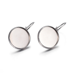 Stainless Steel Color 304 Stainless Steel Leverback Earring Settings, Flat Round, Stainless Steel Color, Tray: 14mm, 27x16x13.5mm, Pin: 0.7mm