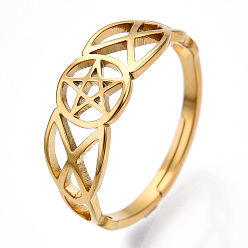 Real 18K Gold Plated Ion Plating(IP) 304 Stainless Steel Hollow Out Pentagram Adjustable Ring for Women, Real 18K Gold Plated, US Size 6 1/2(16.9mm)