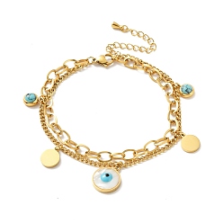 Golden Ion Plating(IP) 304 Stainless Steel Chain Multi-strand Bracelet, Shell Evil Eye and Synthetic Turquoise Charm Bracelet for Women, Golden, 7-1/8 inch(18cm)