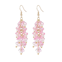 Pink Pendientes colgantes con perlas de imitación y cristal en forma de flor de trompeta, Pendientes largos de racimo de latón dorado para mujer., rosa, 70 mm, pin: 0.6 mm
