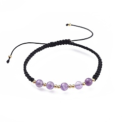 Améthyste Bracelets de perles tressées d'améthyste naturelle réglables, bracelet en nylon avec nœud carré, avec les accessoires en laiton, or, 2 pouce (5.2 cm)