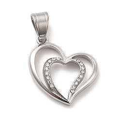 Stainless Steel Color 304 Stainless Steel Pendants, with Crystal Rhinestone, Bouble Heart Charms, Stainless Steel Color, 23x23x3mm, Hole: 8x5mm