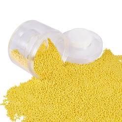 Yellow PandaHall Elite 12/0 Grade A Glass Seed Beads, Baking Varnish, Opaque Colours, Round, Yellow, 2x1.5mm, Hole: 0.3mm, about 150g/box, about 10000pcs/box