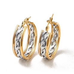 Golden & Stainless Steel Color Two Tone Hollow Braided 304 Stainless Steel Hoop Earrings for Women, Golden & Stainless Steel Color, 31x29x8mm, Pin: 1x0.6mm