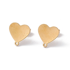 Golden 304 Stainless Steel Stud Earring Findings, with Horizontal Loops, Heart, Golden, 12x12mm, Hole: 1mm, Pin: 0.7mm