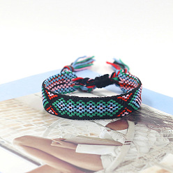 Black Polyester Braided Rhombus Pattern Cord Bracelet, Ethnic Tribal Adjustable Brazilian Bracelet for Women, Black, 5-7/8 inch(15cm)