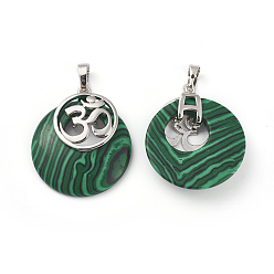 Malachite Synthetic Malachite Pendants, with Platinum Tone Brass Findings, Flat Round with Om Symbol, 32~32.5x28x7~7.5mm, Hole: 5x8mm