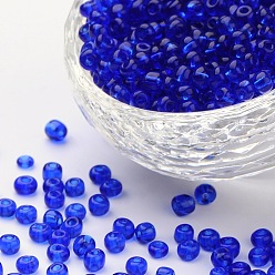 Bleu Perles de rocaille en verre, transparent , ronde, trou rond, bleu, 6/0, 4mm, Trou: 1.5mm, environ500 pcs / 50 g, 50 g / sac, 18sacs/2livres