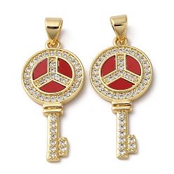 Real 18K Gold Plated Brass Micro Pave Cubic Zirconia Pendants, with Shell, Key, Real 18K Gold Plated, 29x13.5x2mm, Hole: 4x3.5mm