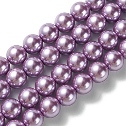 Violet Eco-Friendly Glass Pearl Beads Strands, Grade A, Round, Dyed, Cotton Cord Threaded, Violet, 12mm, Hole: 1.2~1.5mm, about 34pcs/strand, 15.7 inch