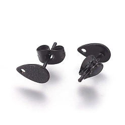 Electrophoresis Black 304 Stainless Steel Stud Earring Findings, Textured, Teardrop, Electrophoresis Black, 10x6x0.7mm, Hole: 1.2mm, Pin: 0.7mm