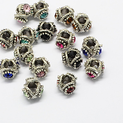 Mixed Color Alloy Rhinestone European Beads, Large Hole Beads, Antique Silver, Mixed Color, 12x13x8~9mm, Hole: 5mm