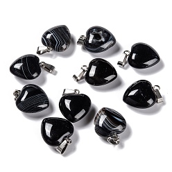 Black Agate Natural Black Agate Pendants, with Platinum Brass Loops, Heart, 18~19x15~15.5x6~8mm, Hole: 6x2.5~3mm