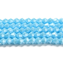 Deep Sky Blue Opaque Solid Color Electroplate Glass Beads Strands, Pearl Luster Plated, Faceted, Bicone, Deep Sky Blue, 4x4mm, Hole: 0.8mm, about 87~98pcs/strand, 12.76~14.61 inch(32.4~37.1cm)