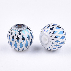 Blue Electroplate Glass Beads, Round with Rhombus Pattern, Blue, 8~8.5mm, Hole: 1.5mm