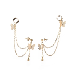 Golden Brass Butterfly with Hanging Chain Dangle Stud Earrings, 304 Stainless Steel Long Drop Earrings with Ear Cuffs for Women, Golden, 90mm, Pin: 0.8mm