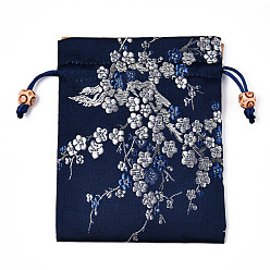 Prussian Blue Silk Packing Pouches, Drawstring Bags, with Wood Beads, Prussian Blue, 14.7~15x10.9~11.9cm