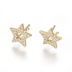 Golden Brass Stud Earring Findings, with Cubic Zirconia and Loop, Star, Clear, Golden, 10.5x10mm, Hole: 1.2mm, Pin: 0.8mm