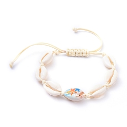Starfish Adjustable Printed Cowrie Shell Braided Bead Bracelets, with Korean Waxed Polyester Cord, Starfish Pattern,  Inner Diameter: 2 inch~3-1/4 inch(5~8.3cm)