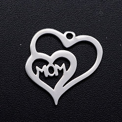 Stainless Steel Color 201 Stainless Steel Charms, Heart with Word Mom, for Mother's Day, Stainless Steel Color, 15x15x1mm, Hole: 1.2mm