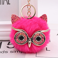 Deep Pink Pom Pom Ball Keychain, with KC Gold Tone Plated Alloy Lobster Claw Clasps, Iron Key Ring and Chain, Owl, Deep Pink, 12cm