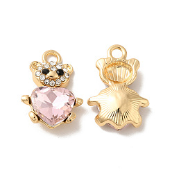 Pink Colgantes de diamantes de imitación de aleación de chapado en rack, con vidrio, sin níquel, oso con amuletos de corazón, dorado, rosa, 21x14x5.5 mm, agujero: 2.2 mm