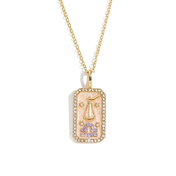 Libra Brass Micro Pave Cubic Zirconia Rectangle with Constellation Pendant Necklaces, with Enamel, Cable Chain Necklace for Women, Libra, 15-3/4 inch(40cm)