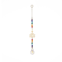 Golden AB Color Teardrop Glass Suncatchers, with 201 Stainless Steel Lotus and Colorful Glass Bead, Wall Pendant Hanging Ornament for Home Garden Decoration, Golden, 23.4cm