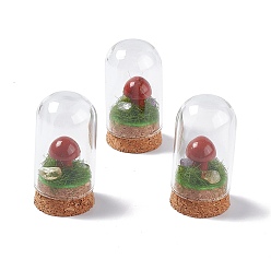 Cornaline Décoration d'affichage de champignons en cornaline naturelle avec couvercle cloche en verre, Ornements de cloche de base en liège pour la décoration de la maison, 30x57.5mm