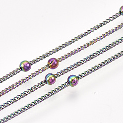 Rainbow Color Brass Curb Chains, with Round Beads, with Spool, Soldered, Rainbow Color, 2.5x2x0.3mm, about 20yard/roll