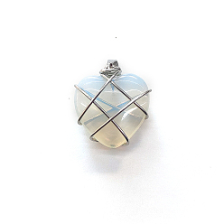 Opalite Opalite Copper Wire Wrapped Pendants, Heart Charms, Silver Color, 20mm