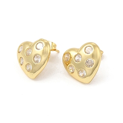 Doré  Boucles d'oreilles clous en forme de cœur avec zircons cubiques transparents, bijoux en laiton pour femmes, or, 14x15.5mm, pin: 0.8 mm