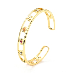 Colorful Cross Hollow Carved Cubic Zirconia Cuff Bangle, Real 18K Gold Plated Brass Flat Open Bangle for Women, Cadmium Free & Lead Free, Colorful, Inner Diameter: 2-3/8 inch(5.9cm)