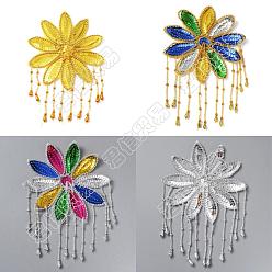 Mixed Color AHADEMAKER 4Pcs 4 Colors Sequin Flowers, Polyester Fabric Flowers, with Beaded Tassel, for Garment Bag Ornament, Dancers' Hair Accessories, Mixed Color, 185~200x128~140x2.5~3mm, 1pc/color