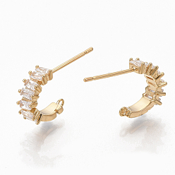 Real 18K Gold Plated Brass Clear Cubic Zirconia Stud Earring Findings, Half Hoop Earrings, with Loop, Nickel Free, Real 18K Gold Plated, 19x12x4mm, Hole: 1mm, Pin: 0.8mm