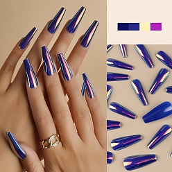 Midnight Blue Plastic Laser Out Full Cover False Nail Tips, Press on long Coffin Nails, Nail Art Detachable Manicure, Teardrop, Midnight Blue, 26.5~32.5x6.5~13.5mm, 24pcs/box