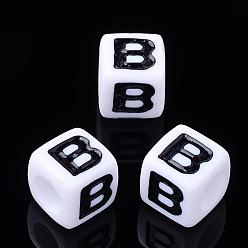 Letter B Granos de la letra de acrílico, cubo, blanco, letra b, tamaño: cerca de 7 mm de ancho, 7 mm de largo, 7 mm de altura, agujero: 3.5 mm, Sobre 2000 unidades / 500 g