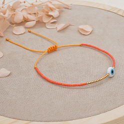 Rouge Orange Bracelet réglable en perles tressées avec mot de passe mauvais œil, rouge-orange, 11 pouce (28 cm)