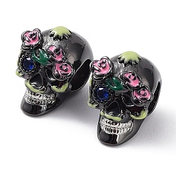 Gunmetal Rack Plating Brass European Beads, with Cubic Zirconia & Enamel, Large Hole Beads, Lead Free & Cadmium Free, Long-Lasting Plated, Sugar Skull for Mexico Day of the Dead, Gunmetal, 12x9x10mm, Hole: 4mm