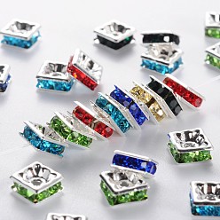 Mixed Color Brass Rhinestone Spacer Beads, Square, Nickel Free, Silver Color Plated, Mixed Color, about 7mm wide, 7mm long, 3mm thick, hole: 1mm