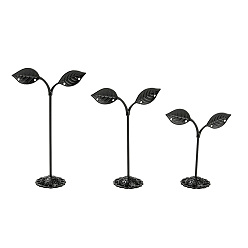 Negro 3 tamaños de hojas de brotes de frijol exhibidores de aretes de hierro, estante de exhibición de la joyería, negro, 8.4~8.6x3.45~3.5x8.8~14 cm, agujero: 2.3 mm