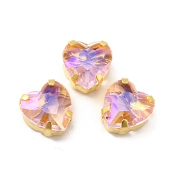 Light Rose Moonlight Effect Heart Sew on Rhinestone, Multi-strand Links, with Golden Tone Brass Prong Settings, Garments Accessories, Light Rose, 12x12x7mm, Hole: 1.4mm